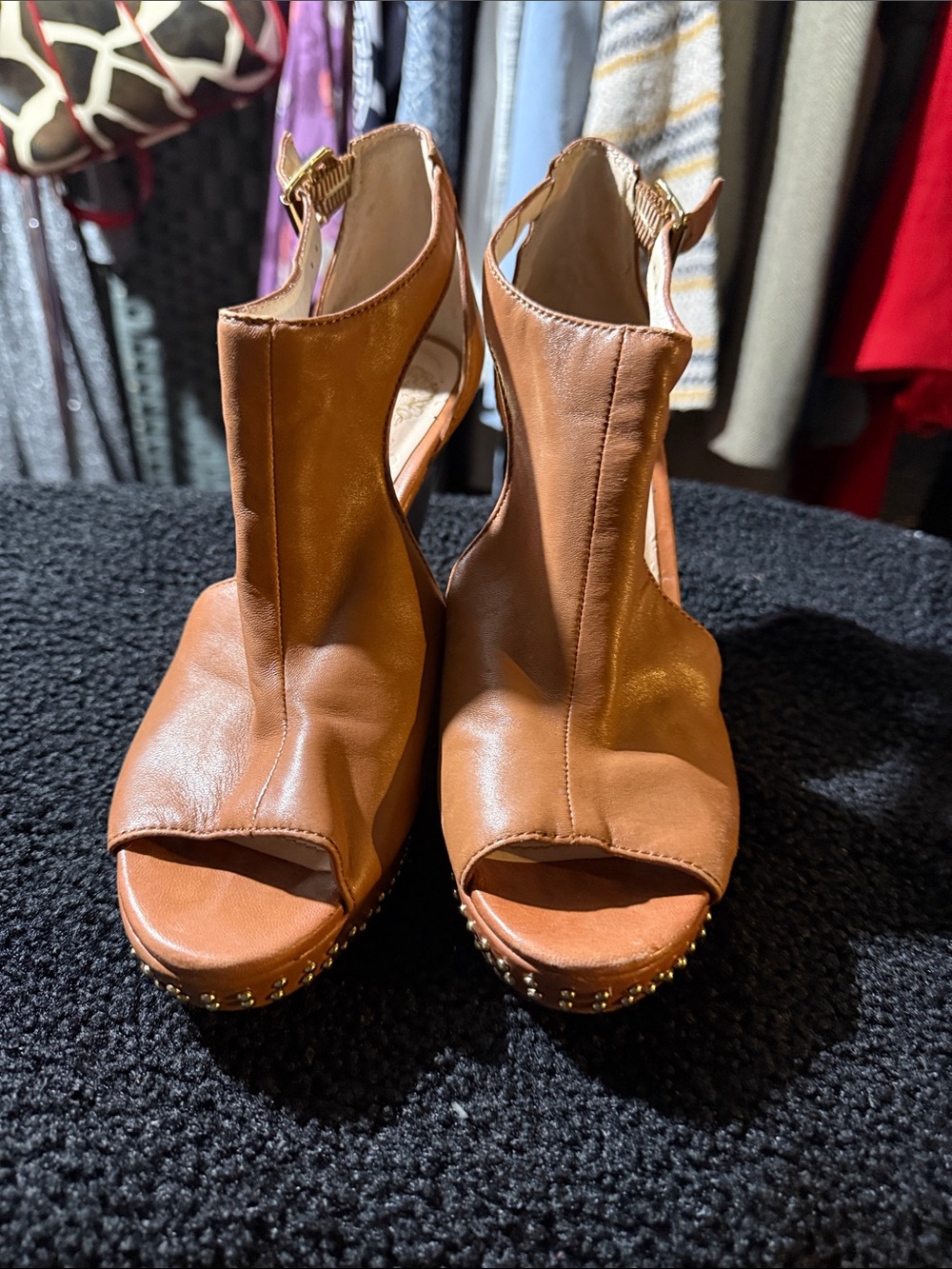Vince Camuto Women’s Tan Open-Toe Studded Platform Heels